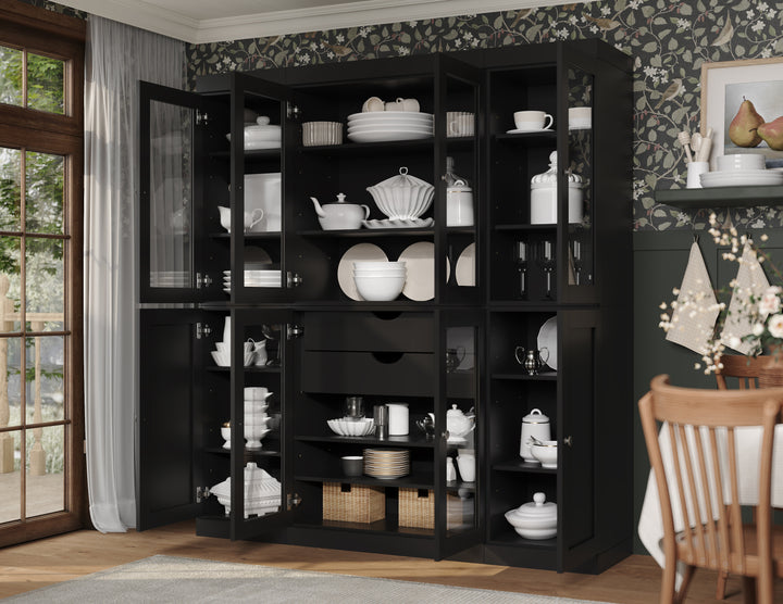 100% Solid Wood 65" China Pantry Cabinet, 6 Glass, 2 Shaker Wood Doors, 2 Drawers