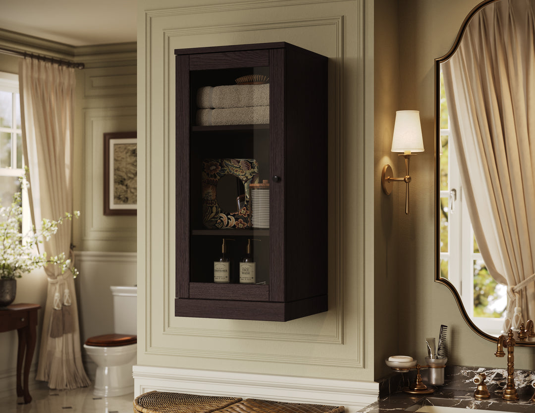 Premium 100% Solid European Oak Bathroom Wall Cabinet with Tinted Glass Doors, 16" W x 35.75" H