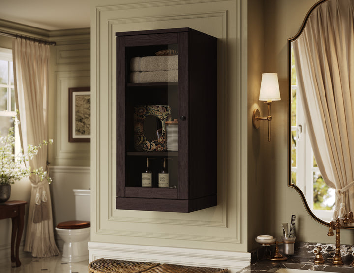 Premium 100% Solid European Oak Bathroom Wall Cabinet with Tinted Glass Doors, 16" W x 35.75" H