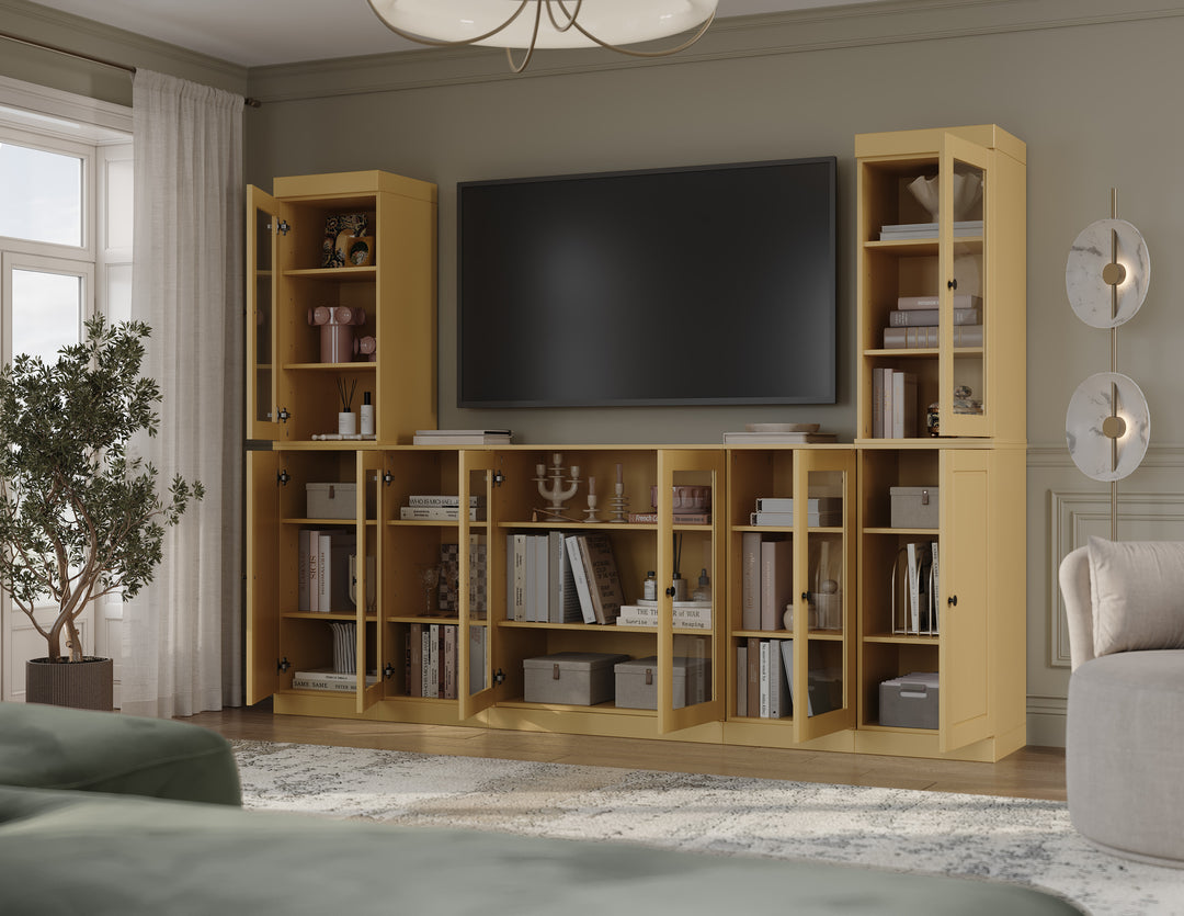 100% Solid Wood 7-Piece Entertainment Center Wall Unit with Storage, Glass & Raised Panel Doors, Adjustable Shelves, 98" W x 71.5" H