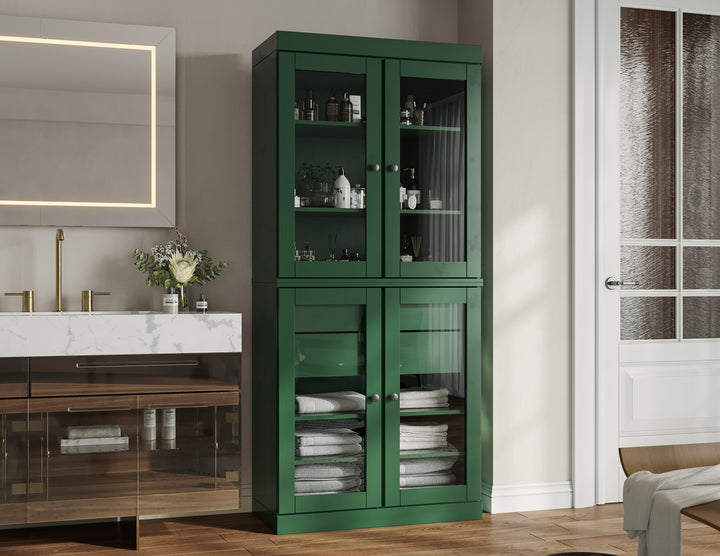 100% Solid Brazilian Pine Wood Bathroom Storage Cabinet, Clear Glass Doors, 2 Drawers, Adjustable Shelves, 32" Wide, 71.5" Tall