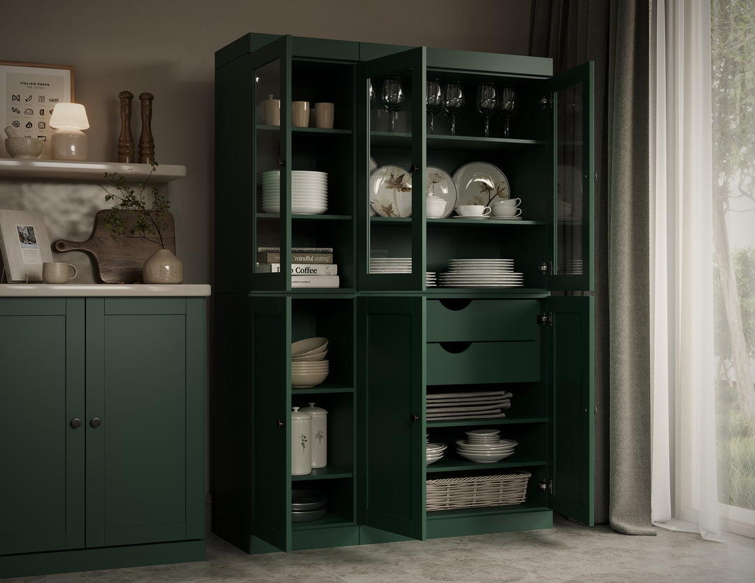 100% Solid Wood 48.5" Pantry China Cabinet, 3 Glass Doors, 3 Shaker Doors, 2-Drawers