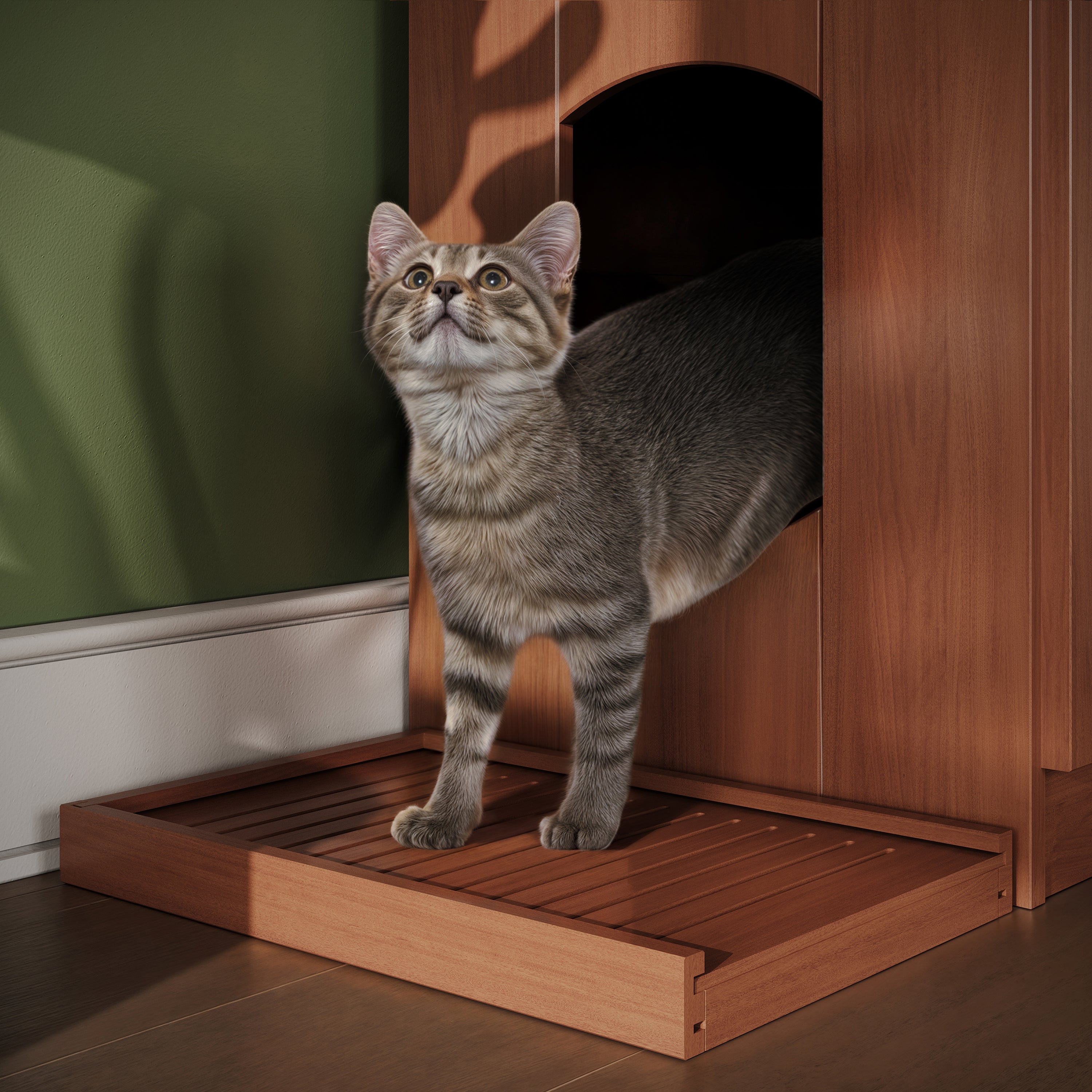 サラキャット 100% Solid Wood Ziva 3-Door Cat Litter Box Enclosure with Litter