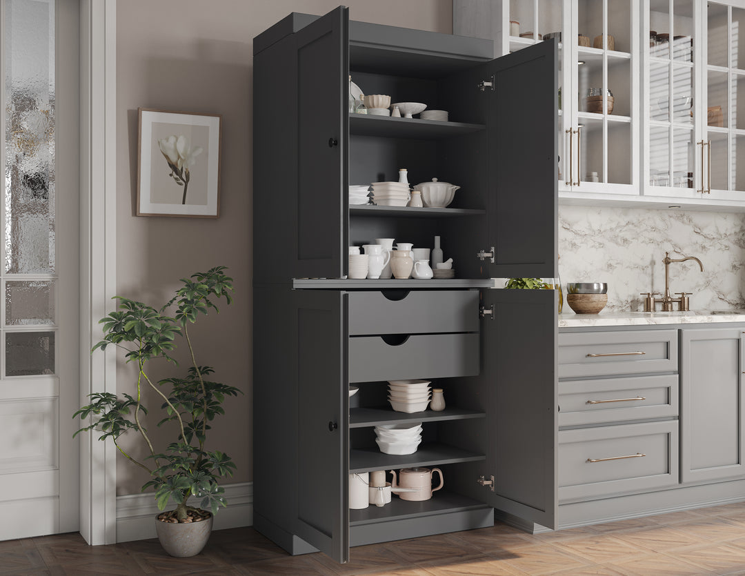 100% Solid Wood Tall Freestanding Kitchen Pantry Cabinet with Doors & 2 Drawers, Modular Storage Cabinet with Adjustable Shelves, 32" W x 71.5" H