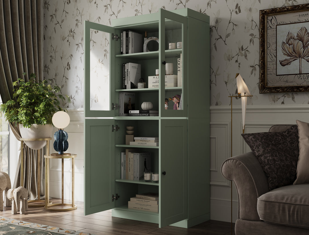 100% Solid Wood 6-Shelf 32" Bookcase, 2 Glass Doors, 2 Shaker Wood Doors, Adjustable Shelves