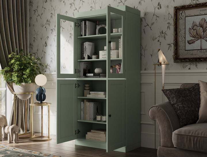 100% Solid Wood 6-Shelf 32" Bookcase, 2 Glass Doors, 2 Shaker Wood Doors, Adjustable Shelves