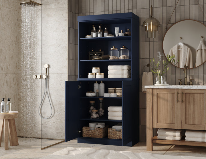 100% Solid Wood Tall Freestanding Modular Bathroom Linen Storage Cabinet with Open Shelf & Raised Panel Doors, Adjustable Shelves, 32" W x 71.5" H