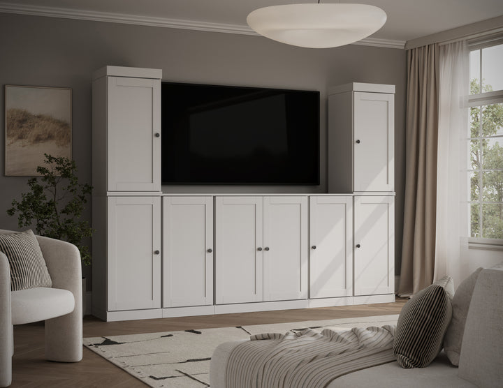100% Solid Wood 7-Piece Entertainment Center Wall Unit with Storage, Shaker Doors, Adjustable Shelves, 98" W x 71.5" H