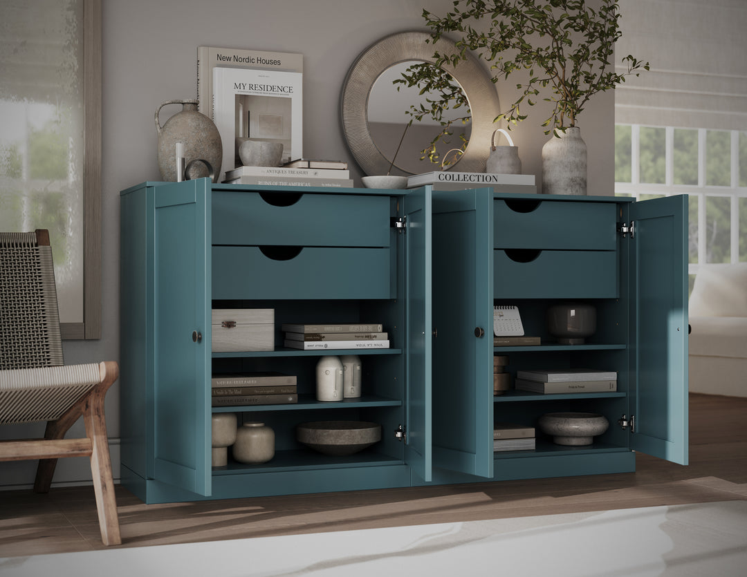 100% Solid Brazilian Pine Wood 64" Sideboard with Shaker Doors, 4-Drawers and Adjustable Shelves