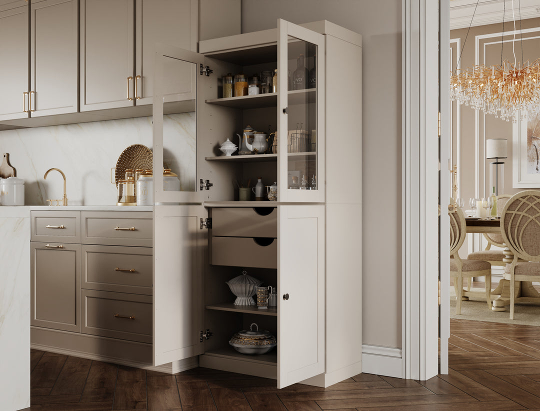 100% Solid Wood 32" Pantry Cabinet, 2 Clear Glass, 2 Shaker Doors, 2-Drawers