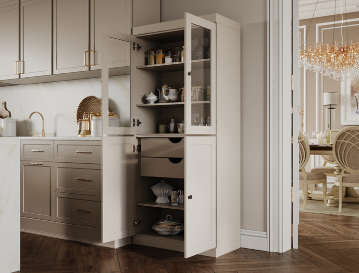 100% Solid Wood 32" Pantry Cabinet, 2 Clear Glass, 2 Shaker Doors, 2-Drawers