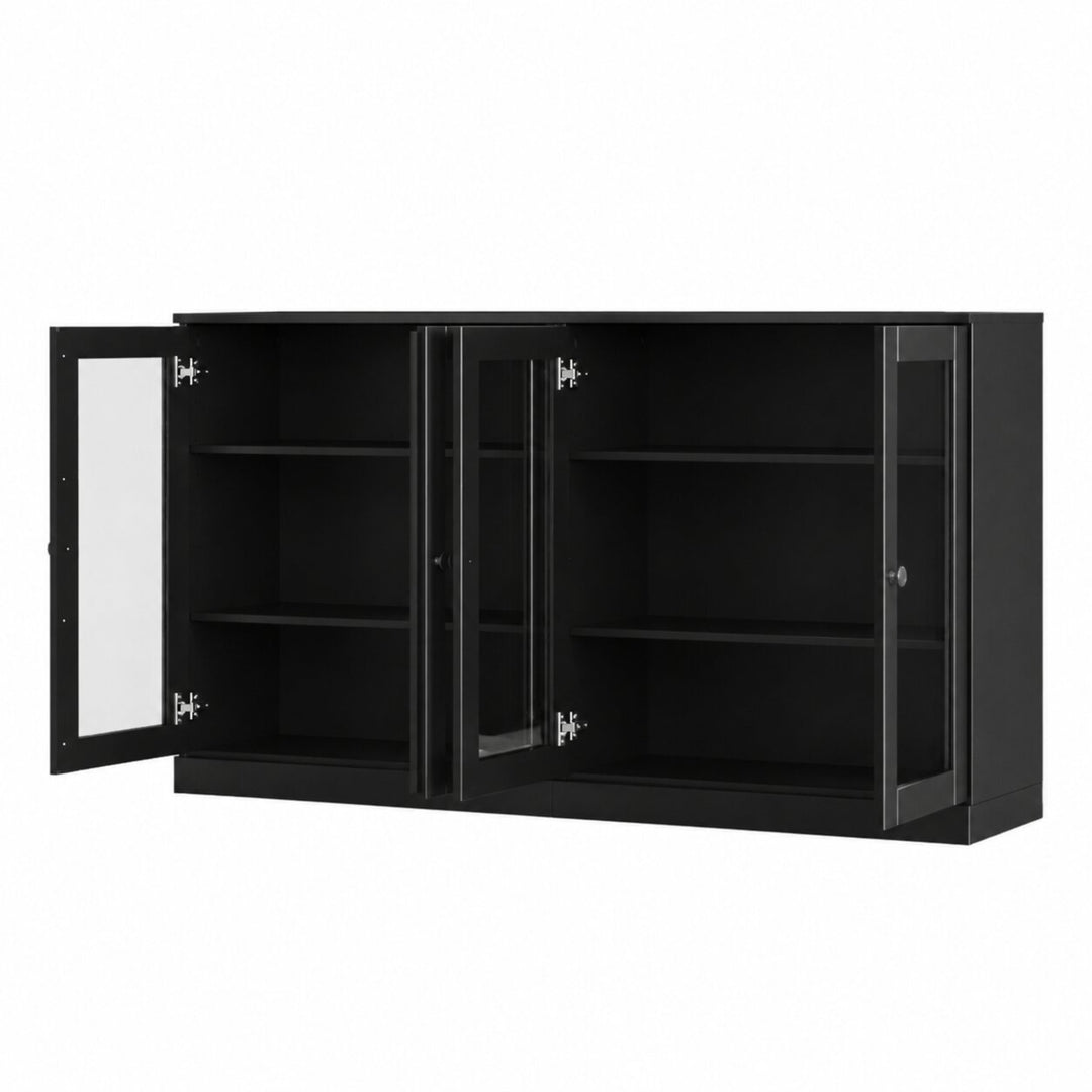 100% Solid Wood TV Stand, 64" Wide TV Console with Glass Doors & Storage