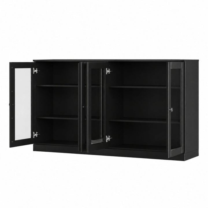 100% Solid Wood TV Stand, 64" Wide TV Console with Glass Doors & Storage