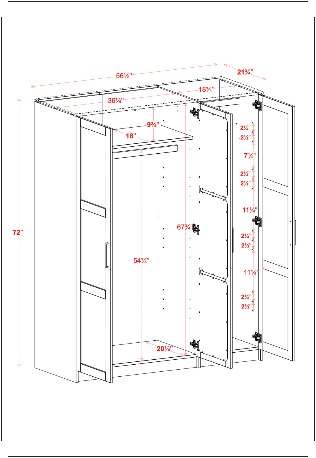 100% Solid Wood Urban 3-Door Wardrobe Armoire with Mirrored Doors