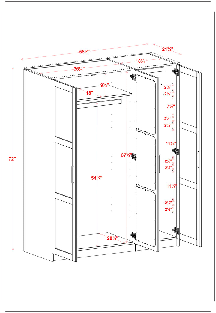 100% Solid Wood Urban 3-Door Wardrobe Armoire with Mirrored Doors