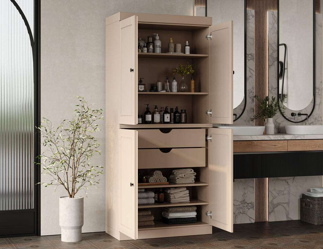 100% Solid Brazilian Pine Wood Bathroom Storage Cabinet, Raised Panel Doors, 2 Drawers, Adjustable Shelves, 32" Wide, 71.5" Tall