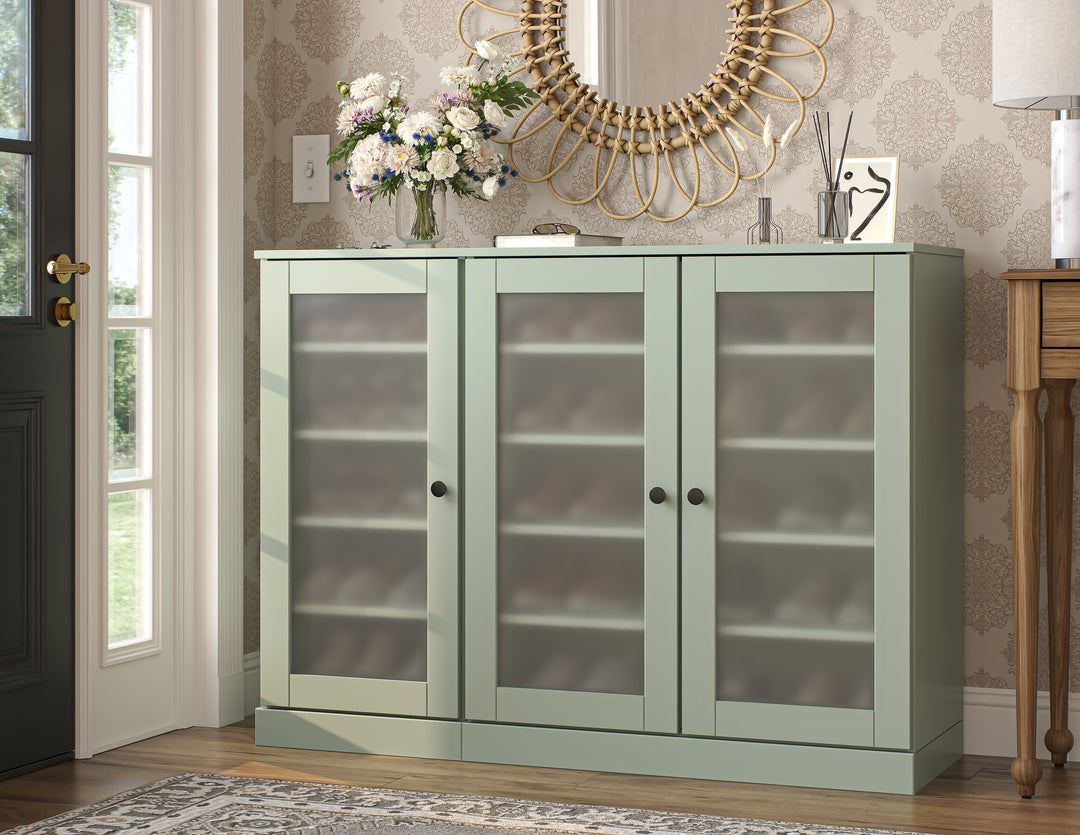 100% Solid Wood Frosted Glass Door Shoe Storage Cabinet, Adjustable Shelves, Space Saving Modular Entryway Organizer, 48.5" W x 35.75" H