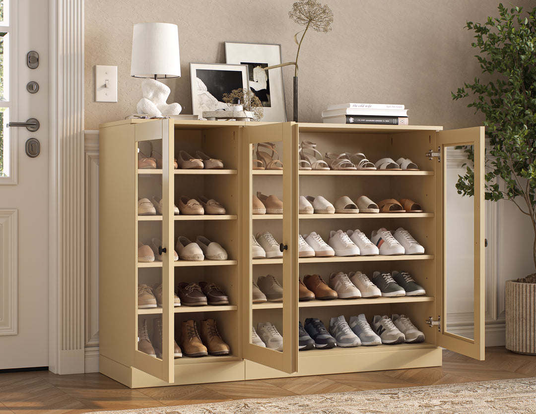 100% Solid Wood Glass Door Shoe Storage Cabinet, Adjustable Shelves, Space Saving Modular Entryway Organizer, 48.5" W x 35.75" H