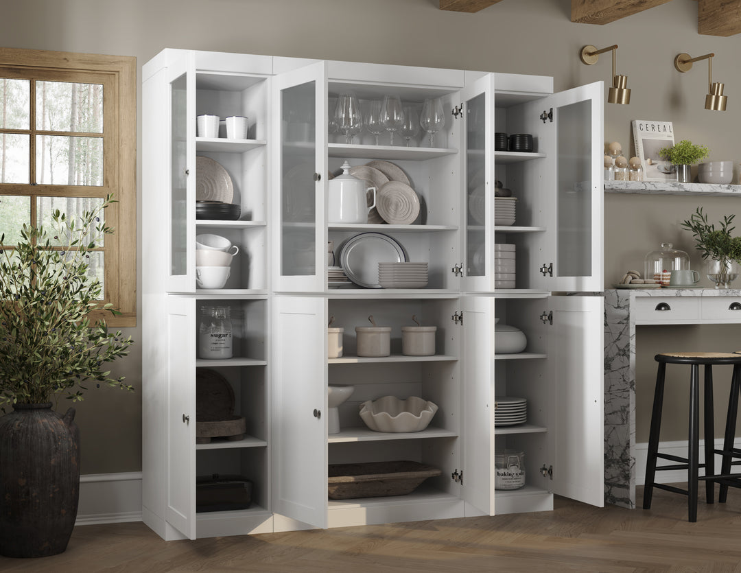 White Inside View of Wood Kitchen Pantry Cabinet, Tall Freestanding Modular Storage with Frosted Glass & Shaker Doors, Adjustable Shelves, 65" W x 71.5" H