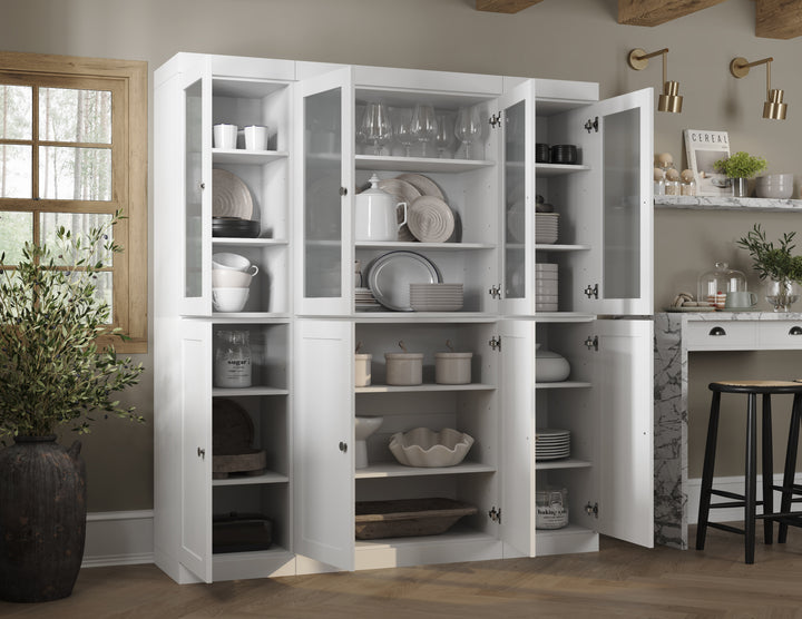 White Inside View of Wood Kitchen Pantry Cabinet, Tall Freestanding Modular Storage with Frosted Glass & Shaker Doors, Adjustable Shelves, 65" W x 71.5" H
