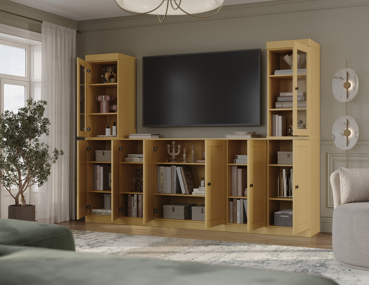 100% Solid Wood 7-Piece Entertainment Center Wall Unit with Storage, Glass & Raised Panel Doors, Adjustable Shelves, 98" W x 71.5" H