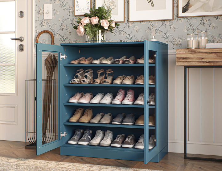 100% Solid Wood Glass Door Shoe Storage Cabinet with Adjustable Shelves, Space Saving Stackable Entryway Organizer, 32" W x 35.75" H