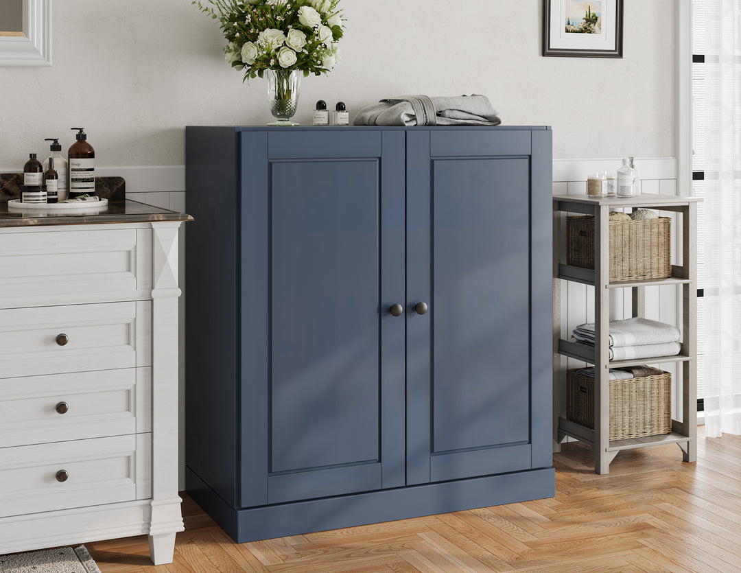 100% Solid Wood Freestanding Bathroom Linen Storage Cabinet with Raised Panel Doors, Adjustable Shelves, 32" W x 35.75" H