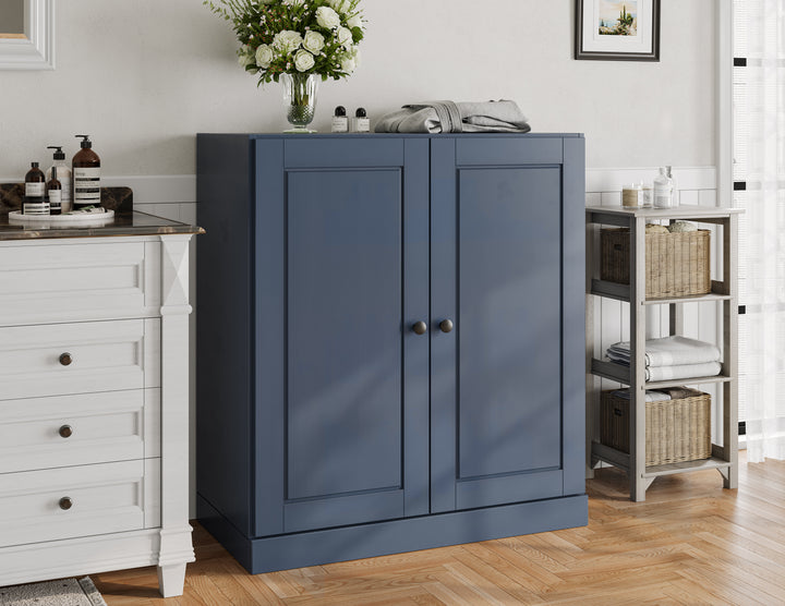 100% Solid Wood Freestanding Bathroom Linen Storage Cabinet with Raised Panel Doors, Adjustable Shelves, 32" W x 35.75" H