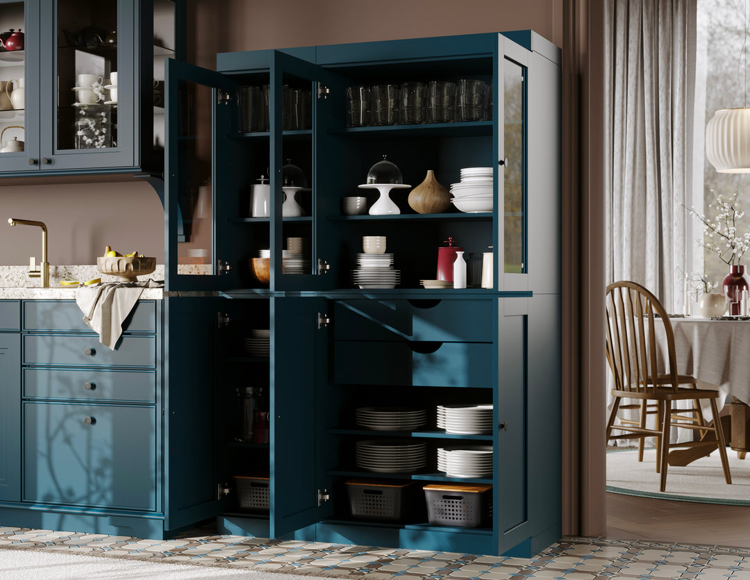 100% Solid Wood 48.5" Pantry China Cabinet, 3 Glass Doors, 3 Shaker Doors, 2-Drawers