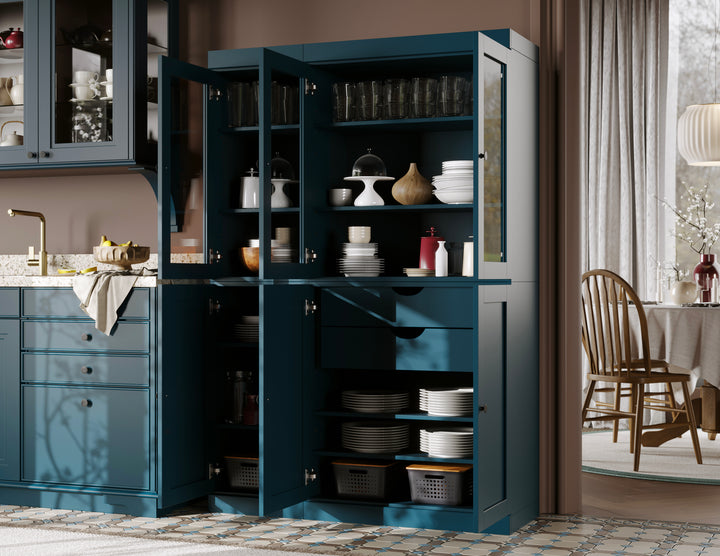 100% Solid Wood 48.5" Pantry China Cabinet, 3 Glass Doors, 3 Shaker Doors, 2-Drawers