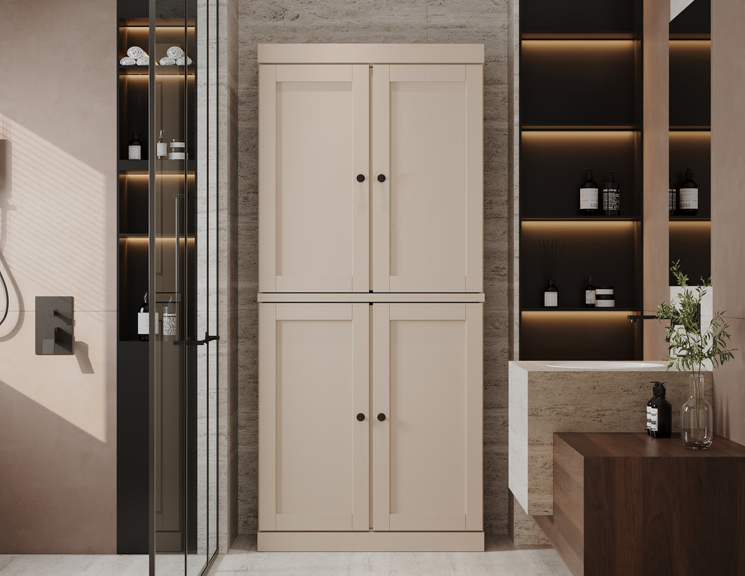 100% Solid Brazilian Pine Wood Bathroom Storage Cabinet, Shaker Doors, Adjustable Shelves, 32" Wide, 71.5" Tall