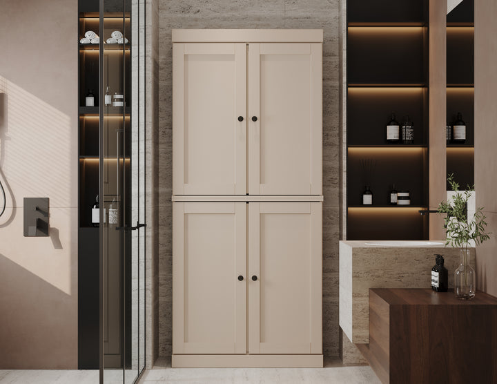 100% Solid Brazilian Pine Wood Bathroom Storage Cabinet, Shaker Doors, Adjustable Shelves, 32" Wide, 71.5" Tall