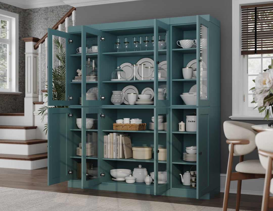 100% Solid Wood 65" China Pantry Cabinet, 6 Clear Glass, 2 Shaker Wood Doors