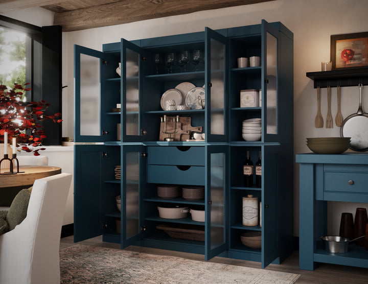 100% Solid Brazilian Pine Wood 65" Pantry Cabinet with Frosted Glass, Shaker Doors, 2-Drawers and Adjustable Shelves