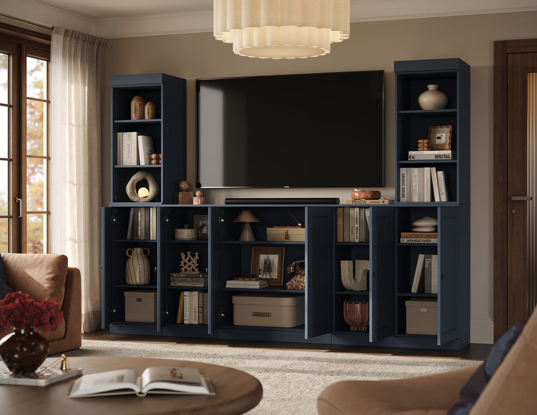 100% Solid Wood 7-Piece Entertainment Center Wall Unit with Storage, Open Cabinets & Raised Panel Doors, Adjustable Shelves, 98" W x 71.5" H