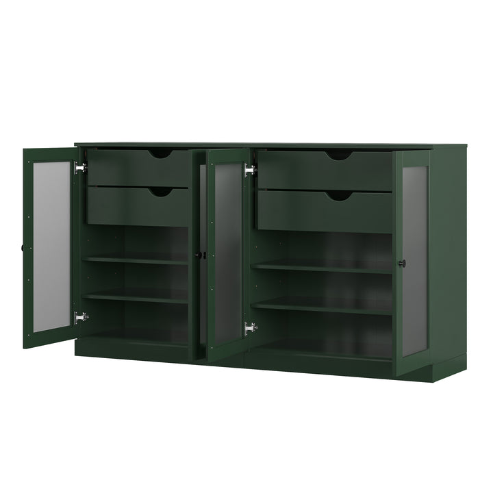 100% Solid Wood Sideboard Buffet with Frosted Glass Doors & 4 Drawers, Credenza Server for Dining Room Storage, Adjustable Shelves, 64" W x 35.75" H