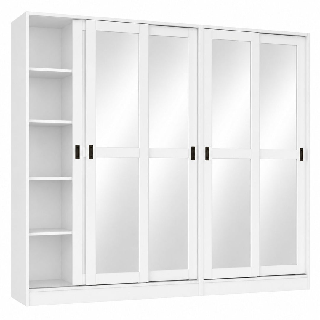 A white sliding 5-door wardrobe or closet with two mirrored doors, two solid inner doors with black handles, and an open shelving compartment on the left, shown against a plain white background.