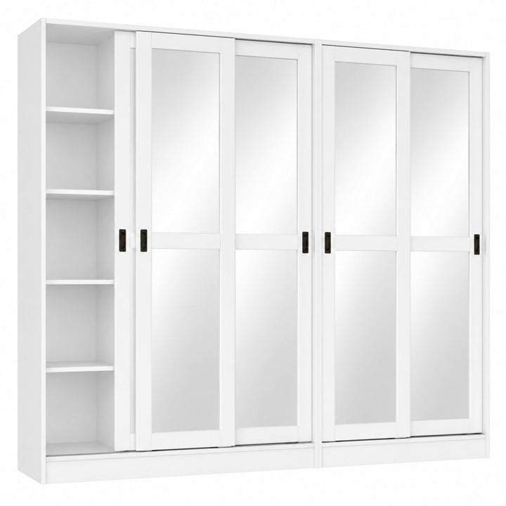 A white sliding 5-door wardrobe or closet with two mirrored doors, two solid inner doors with black handles, and an open shelving compartment on the left, shown against a plain white background.