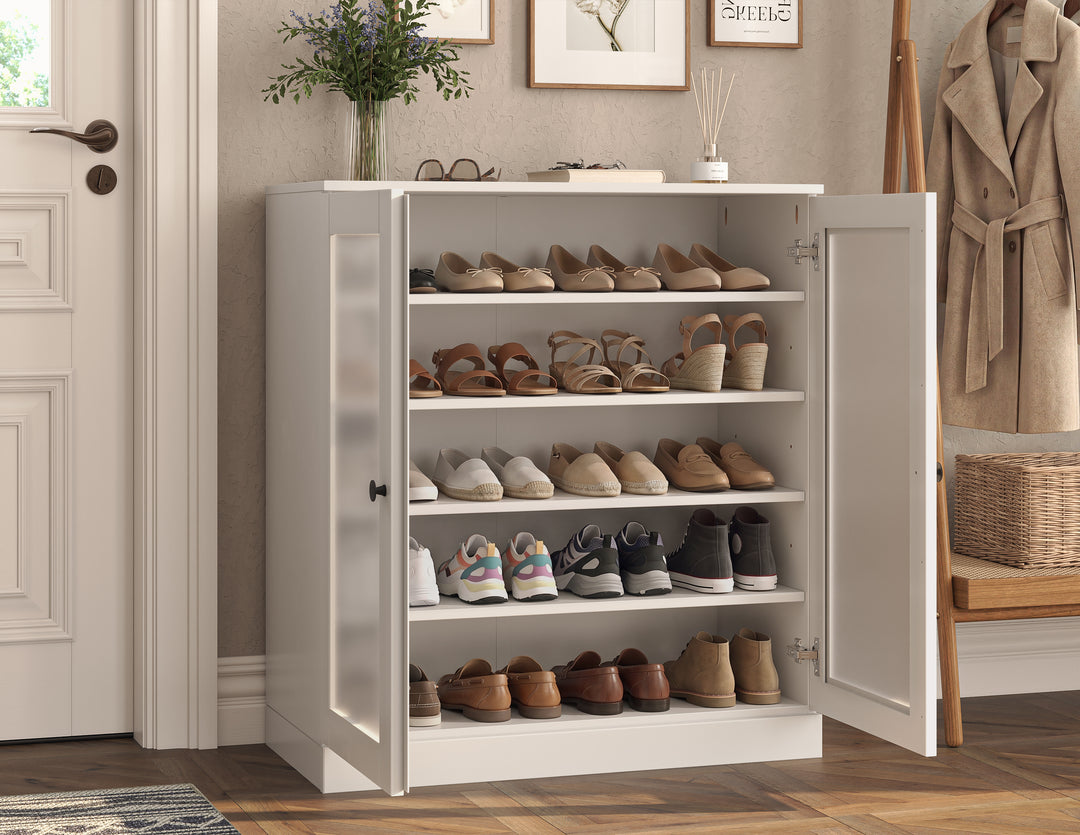 100% Solid Wood Frosted Glass Door Shoe Storage Cabinet with Adjustable Shelves, Space Saving Stackable Entryway Organizer, 32" W x 35.75" H