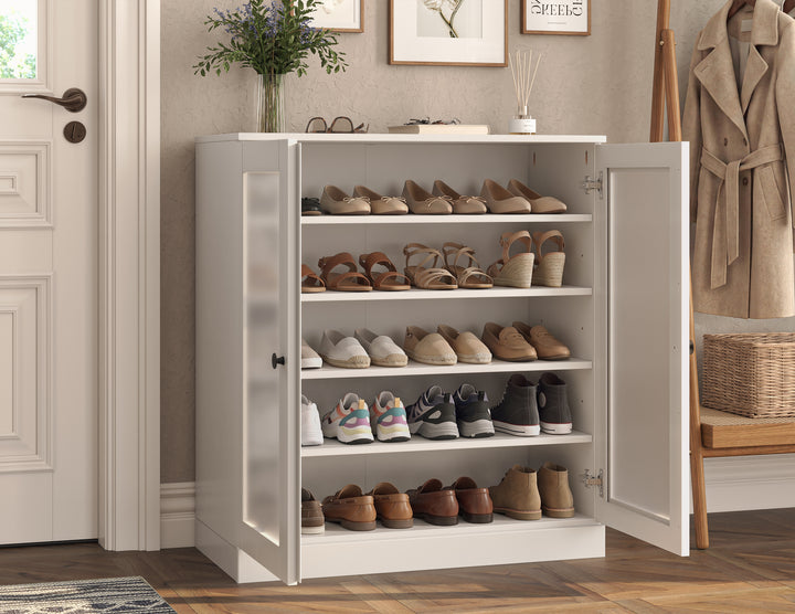 100% Solid Wood Frosted Glass Door Shoe Storage Cabinet with Adjustable Shelves, Space Saving Stackable Entryway Organizer, 32" W x 35.75" H