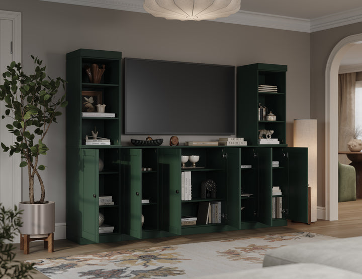100% Solid Wood 7-Piece Entertainment Center Wall Unit with Storage, Open Cabinets & Shaker Doors, Adjustable Shelves, 98" W x 71.5" H
