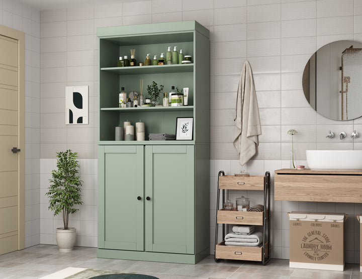 100% Solid Wood 32" Bathroom Cabinet with Shelves, Shaker Wood Doors, 2-Drawers