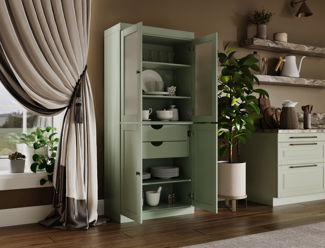 100% Solid Wood 32" Pantry Cabinet, 2 Frosted Glass, 2 Shaker Wood Doors, 2-Drawers