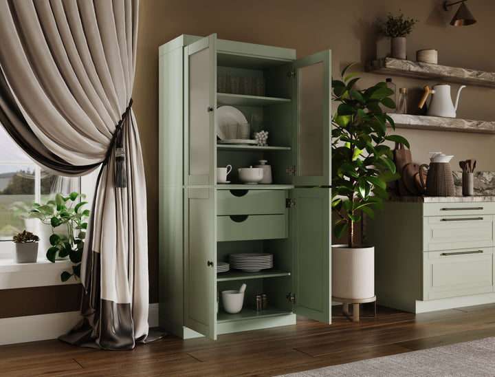 100% Solid Wood 32" Pantry Cabinet, 2 Frosted Glass, 2 Shaker Wood Doors, 2-Drawers