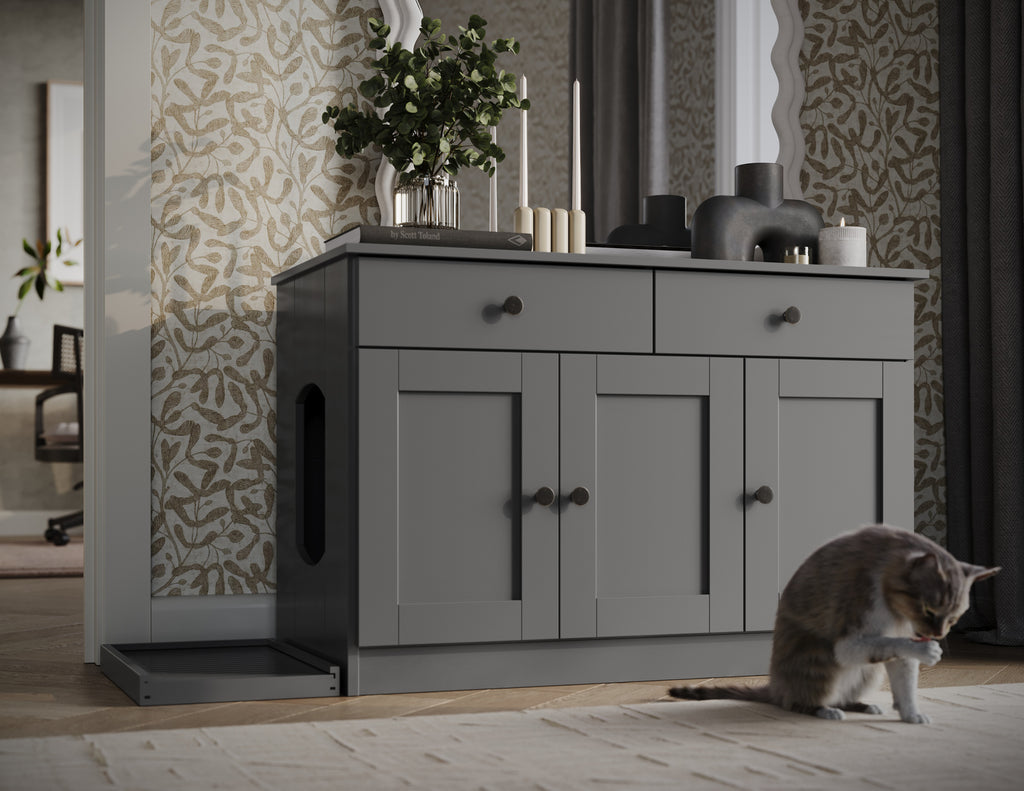 100% Solid Wood Ziva 3-Door Cat Litter Box Enclosure with Litter