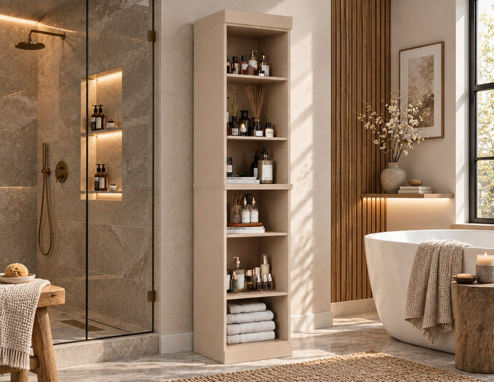 100% Solid Wood Tall Freestanding Modular Bathroom Linen Storage Cabinet with Open Shelves, Adjustable Shelves, 16.5" W x 71.5" H