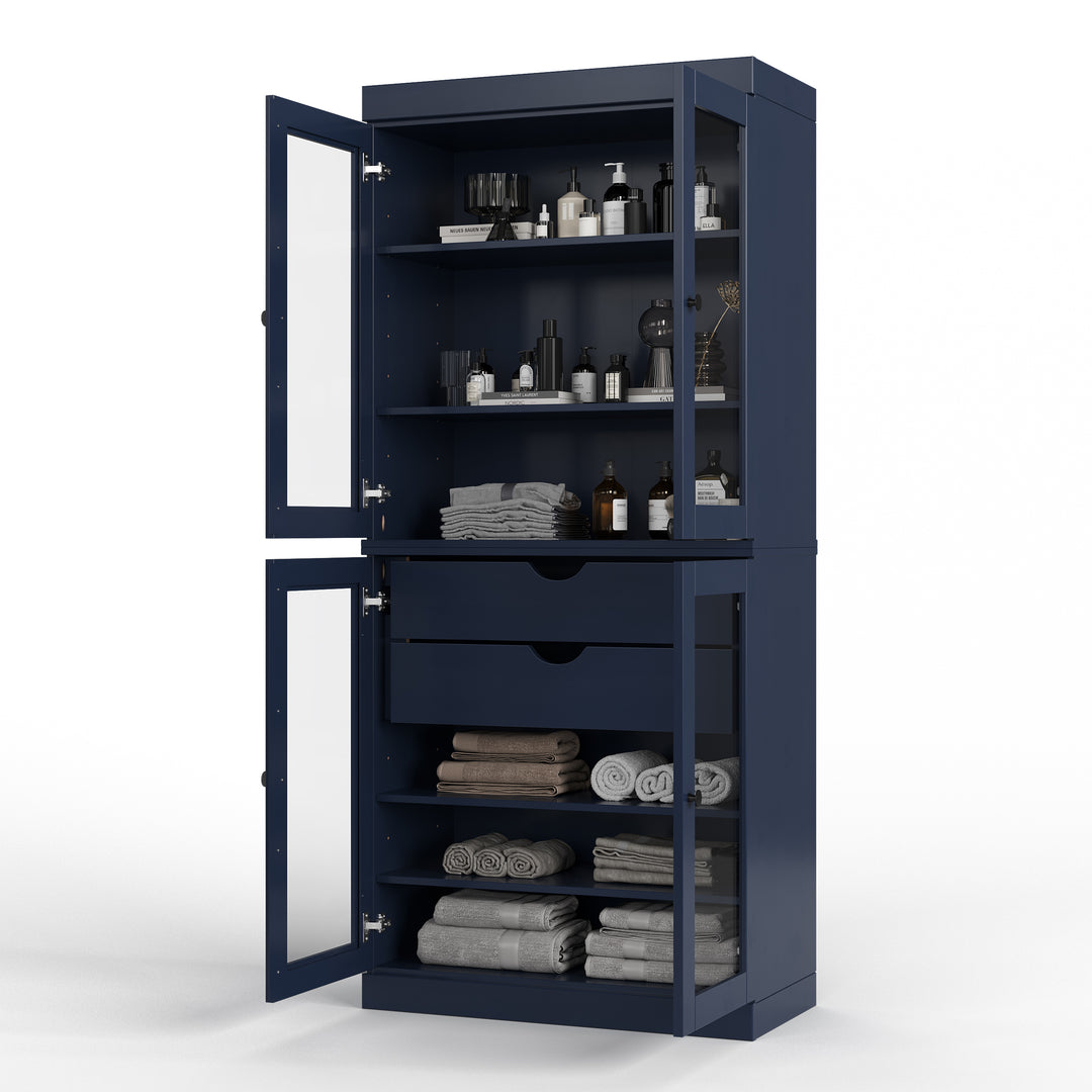 100% Solid Wood 32" Bathroom Cabinet, Glass Doors, 2-Drawers