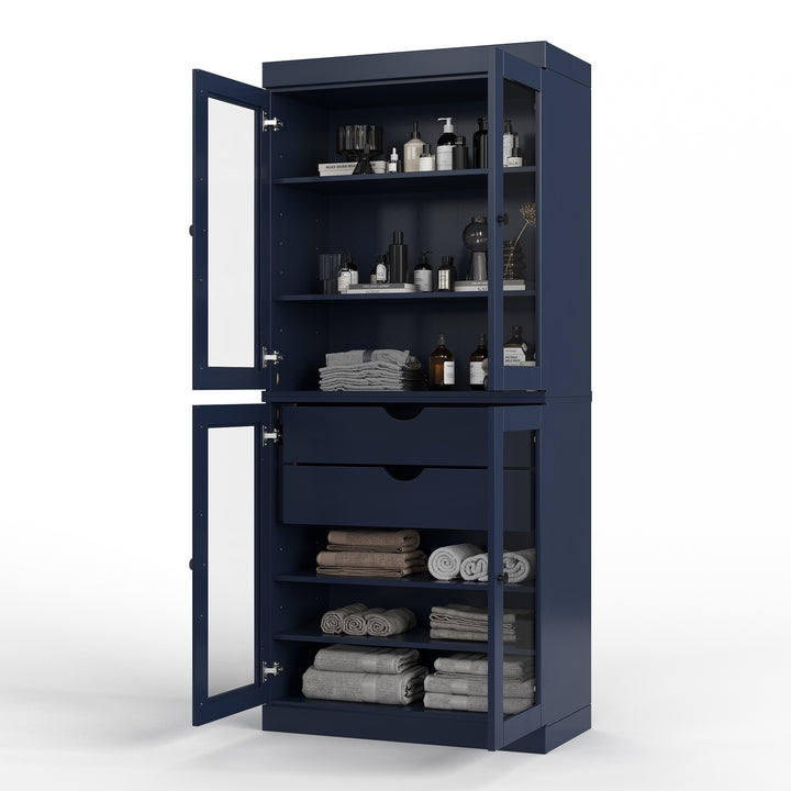 100% Solid Wood 32" Bathroom Cabinet, Glass Doors, 2-Drawers