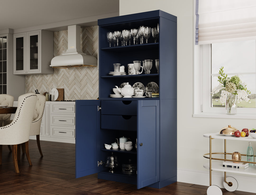 100% Solid Wood 32" Pantry Cabinet, 2 Shaker Wood Bottom Doors, 2 Drawers