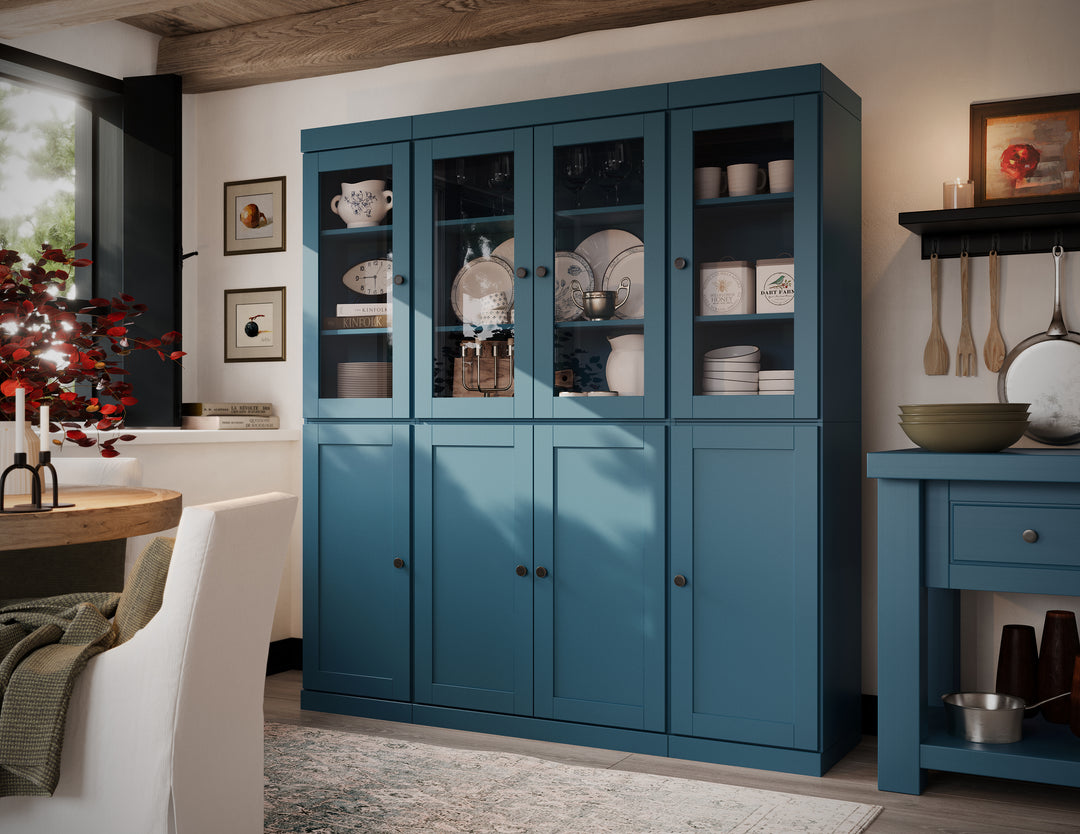 100% Solid Wood 65" China Pantry Cabinet, 4 Glass, 4 Shaker Wood Doors, 2-Drawers